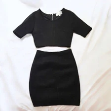 J.O.A Black Mesh Co-ord Two Piece Matching Skirt Crop Top Set Small + Medium