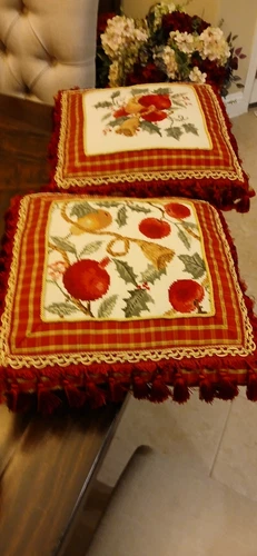 Pair Embroidered Tapestry Christmas Pillows - Pomegranates, Ivy, Holly