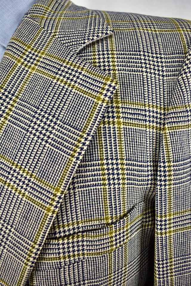 20 世纪 70 年代定制浅棕色/蓝色/绿色格子羊毛两扣两件套装尺寸:40R — 第 3/4 张图片