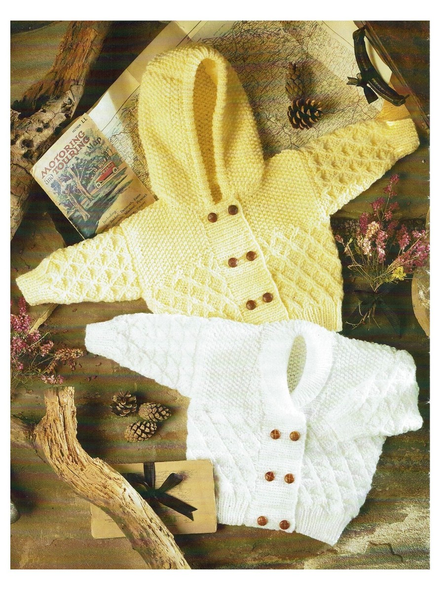 Baby jacket cardigan knitting pattern in Aran Hood or shawl Boy 