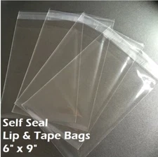 6" x 9" Clear Recloseable Self Seal Adhesive Lip & Tape Plastic Cello Bags