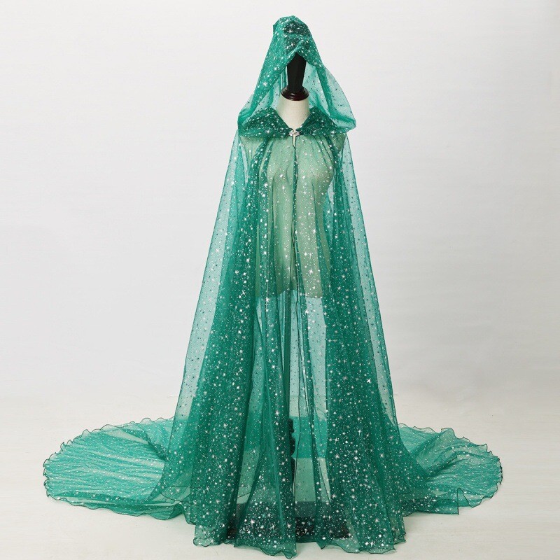 Ladies Men Mesh Long Top Glitter Coat Hooded Cape Cloak