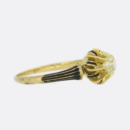 Victorian 0.40 Carat Old Cut Diamond & Black Enamel Solitaire Ring In 18ct Gold - Picture 3 of 5
