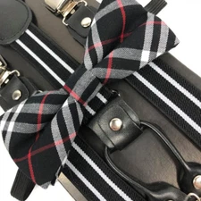 Black Plaid Style Bow Tie & Suspender Set Tuxedo Wedding Accessories U.S Seller 