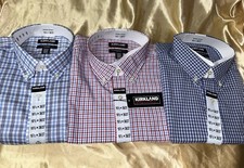 LOT of 3 : 16.5" , 36/37 Blue White plaid Kirkland button-collar Dress Shirts