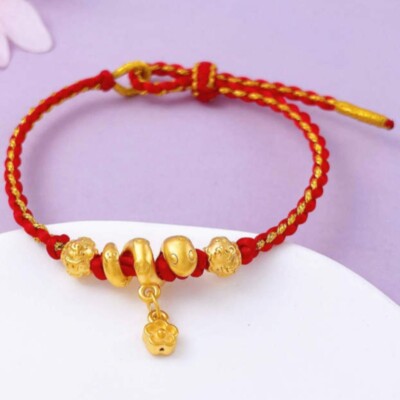 Pure 999 24K Yellow Gold Men Women Lucky Zodiac Snake Beads Bracelet 0.75-0.9g