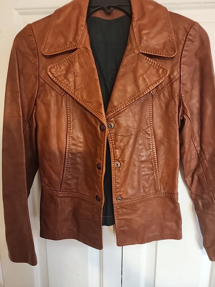 CHAQUETA DE CUERO AJUSTADA CLÁSICA VINTAGE AÑOS 70 MUJER MARRÓN ROJIZO TALLA PEQUEÑA Foto 3 de 4