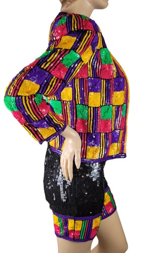 Vintage 1980s Party Time All Sequin & Beaded 100% Silk Jacket & Shorts Set Sz S - Picture 9 of 23