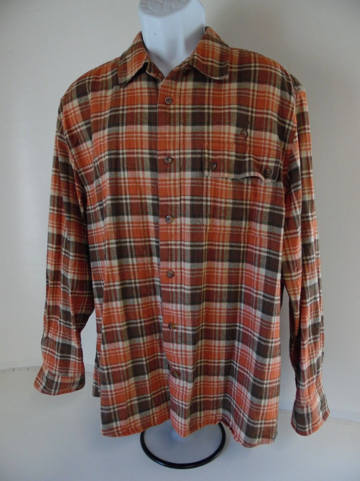 mens Browning Flannel Plaid Button Up Long Sleeve Outdoor Shirt orange Size XL