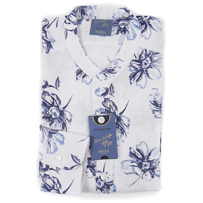 Barba Napoli White and Blue Floral Printed Linen Shirt M 15.75 (Eu 40) NWT