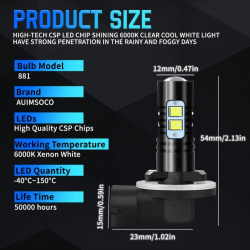 2 pack 881 LED Fog Light Driving Bulbs 862 886 889 894 896 898 Xenon White 6000K - Picture 2 of 13