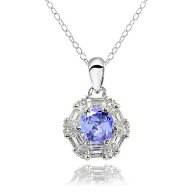 Sterling Silber Tansanit und weißer Topas Baguette & Rundschliff Mode Halskette