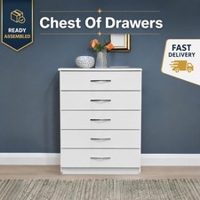 Ready Assembled Chest Of 5 Drawers White Bedroom Furniture Metal Handle Runners