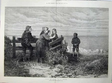 Original Old Antique Print 1874 Fine Art Man Woman Children Looking Ships 19th