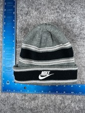Nike Beanie Toque Youth One Size Gray Black Stripe Knit Acrylic Swoosh Logo