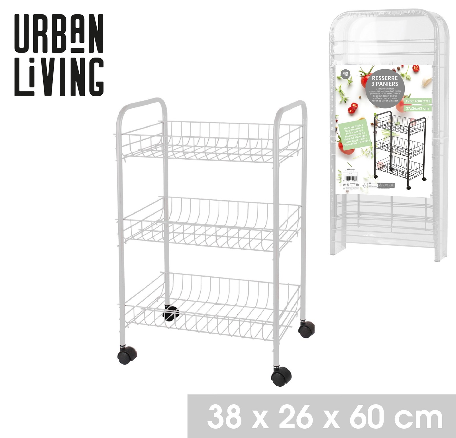 White 3 Tiers Storage Rack With Wheels Kitchen Trolley Basket Organiser Shelf