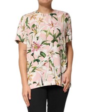 Dolce & Gabbana Pink Lily Printed Round Neck Blouse Women's Top Authentic