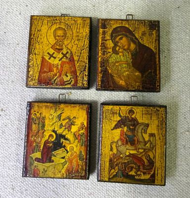 Mini Greek Orthodox Icon Lot of 4 Byzantine Wood Plaques St George Dark Academia