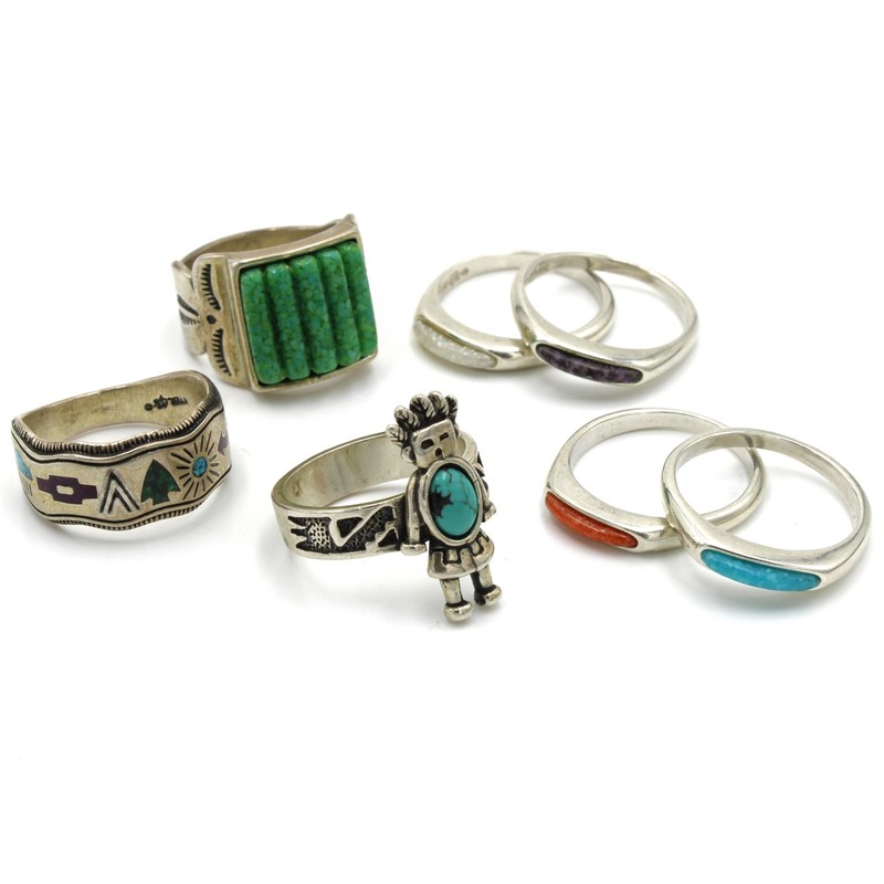 Southwest Signed Sterling Turquoise Red Coral Inlay Stack Ring Lot of 7 #S5483-1