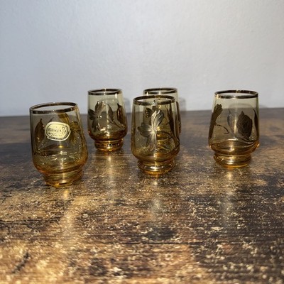 VintageShot Glasses 5 Amber& Gold Rim & Floral Design Bohemia (Czechoslovakia)