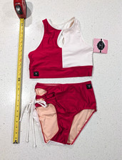 NEW 2pc Set Kandi Kouture Small 3/5 Pageant Dance Leotard RED White Top Briefs