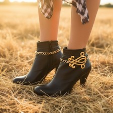 Women 2PC Gold Metal Boot Chain Bracelet Shoe Anklet Scroll Fish Charm Boho Chic