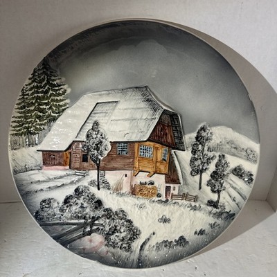 Vintage 13  W. Germany Majolica 3D Wall Plate Plaque WINTER FARM SCENE