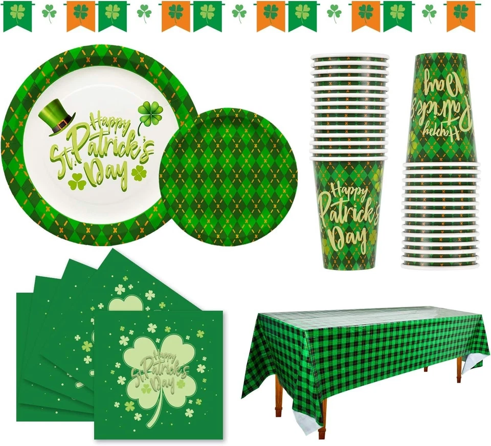 Louça descartável vibrante St Patrick’s Day - Xadrez verde e design trevo - Imagem 3 de 4