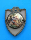 Vintage Porcelain Plaque Victorian Lovers by Watteau w/Ornate Brass Frame