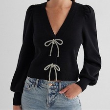 EXPRESS V-Neck Embellished Bow Cardigan - BLACK Size Small MSRP 108.
