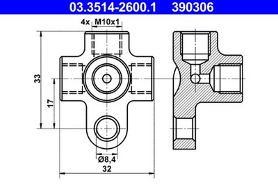 ATE Verbindungs-/Verteilerstück Rohrleitungen 03.3514-2600.1 M10x1