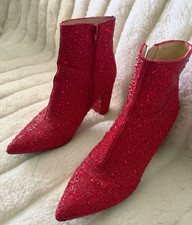 BETSEY JOHNSON SIZE 8 Red Beaded Sparkle Pointed Covered Block Heel Side Zip