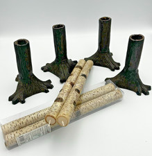 Rustic Birch Taper Candles 10" Set of 4 & 4 Cast Iron Tree Trunk Holders Holiday