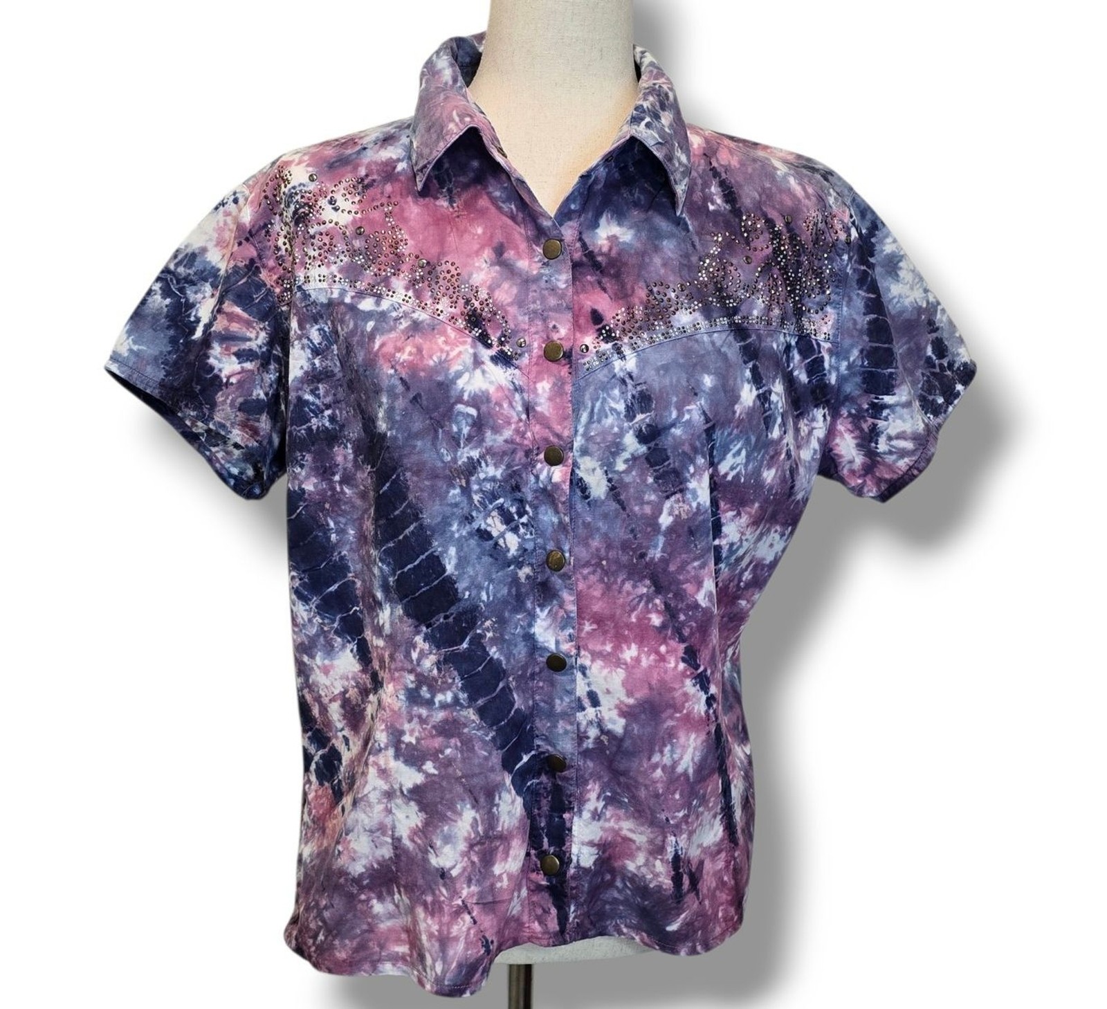 Vintage Western Women's Shirt Size Large Tie Dye Short Sleeve Button Collared