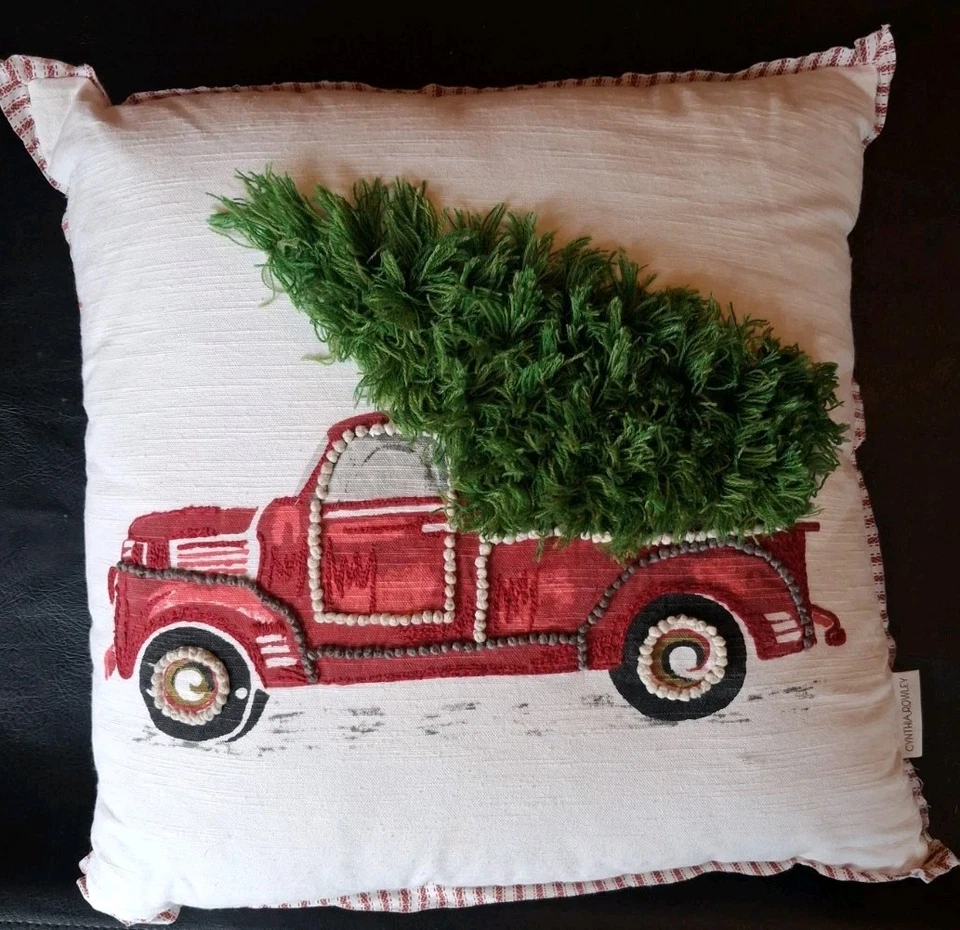 Cynthia Rowley Christmas Tree Red Truck Throw Pillow Holiday Rustic Country USA - Image 2 of 4