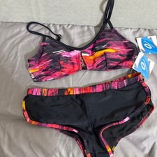 Vtg Bikini Set Medium Pink Orange Abstract Brushstroke Boy Short NEW lowrise Y2K