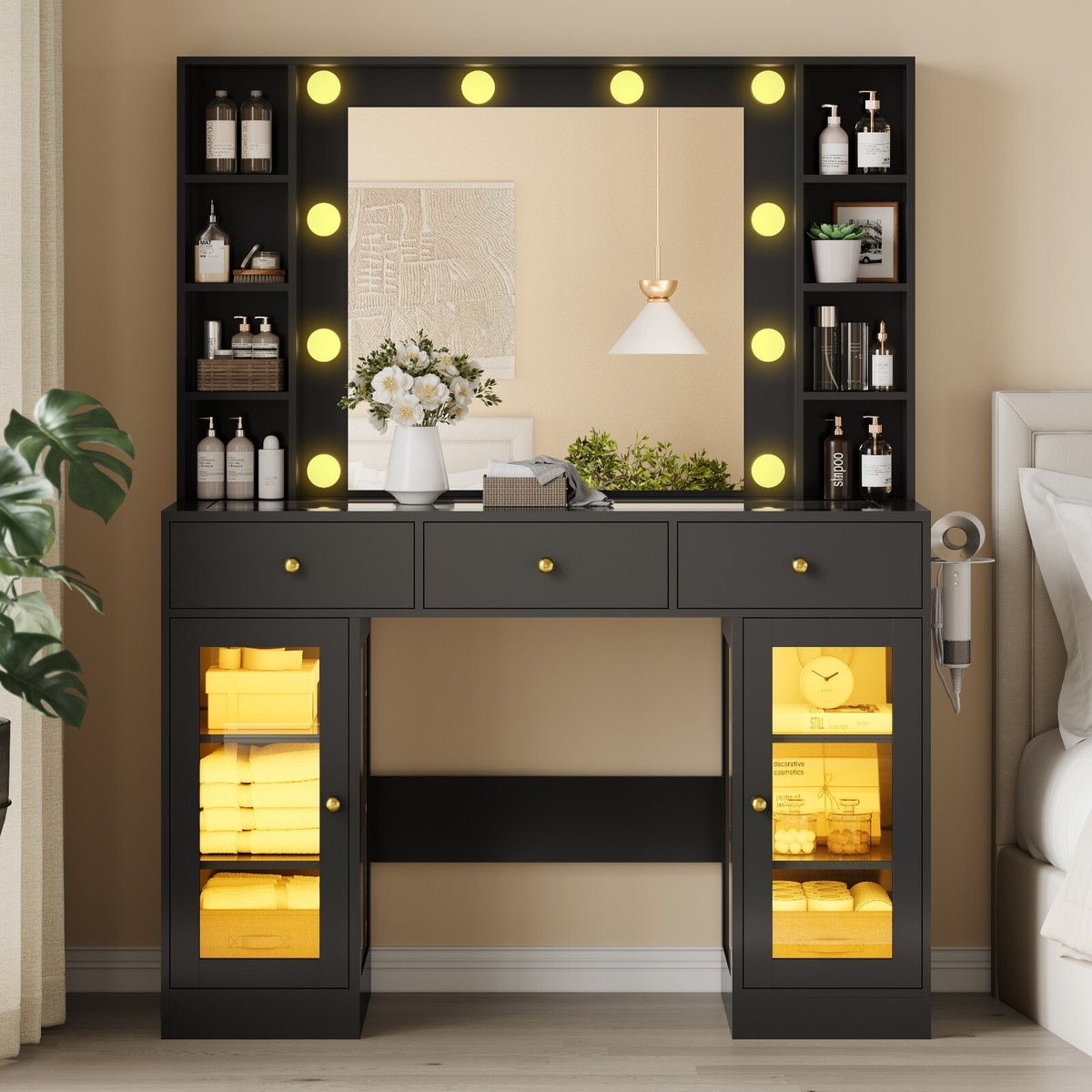 Makeup Vanity with Mirror and Lights, Dressing Table with Charging Station  Women | eBay