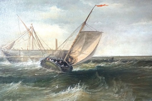 20thC SAILBOATS IN CHOPPY WATERS CLOSE TO FIGURES ON WOODEN PIER OIL PAINTING - 第 9/12 張圖片