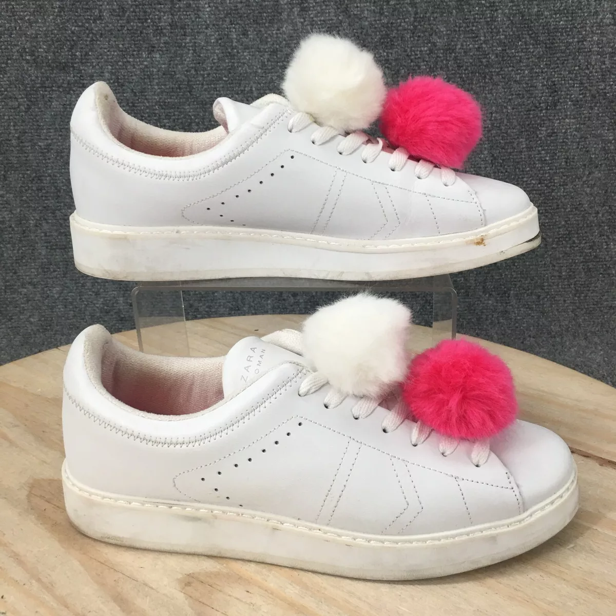 Zara Shoes Womens 9 Platform Sneakers White Faux Leather Pompom
