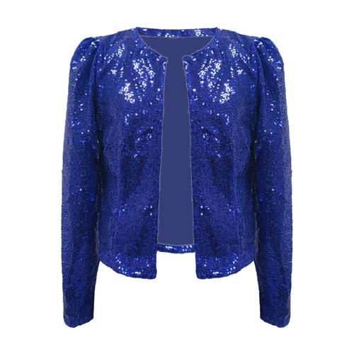 Women Open Front Sequin Jacket Puff Long Sleeve Short Blazer Solid Casual Coat - Picture 56 of 60
