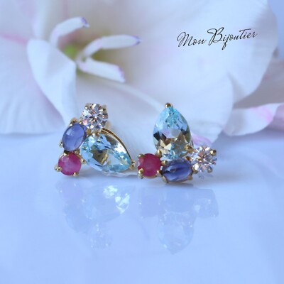 Pear Swiss Blue Topaz & Diamond, Blue Sapphire, Ruby Studs Earrings 14k Gold