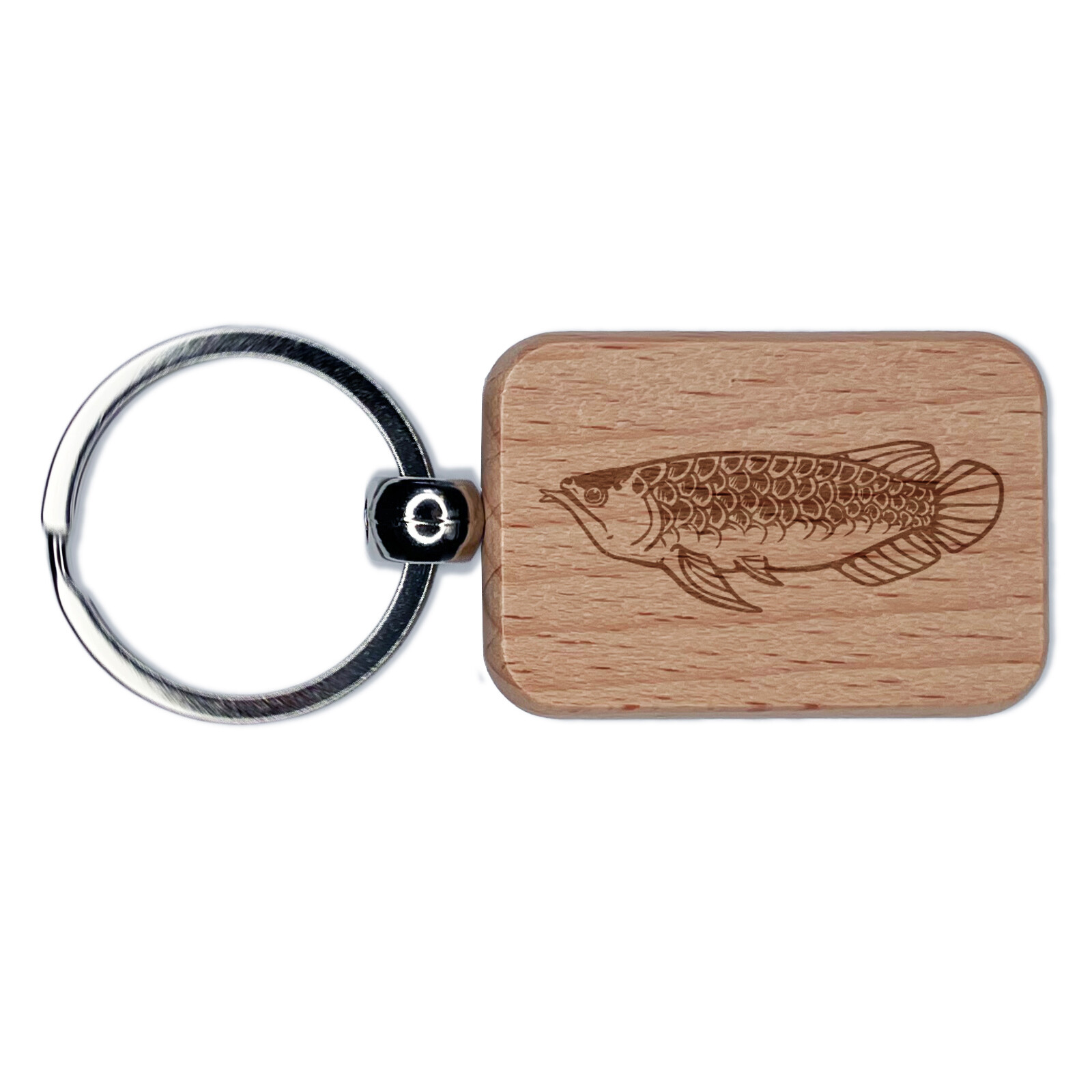 Asian Arowana Aquarium Dragon Fish Engraved Wood Rectangle Keychain Tag Charm