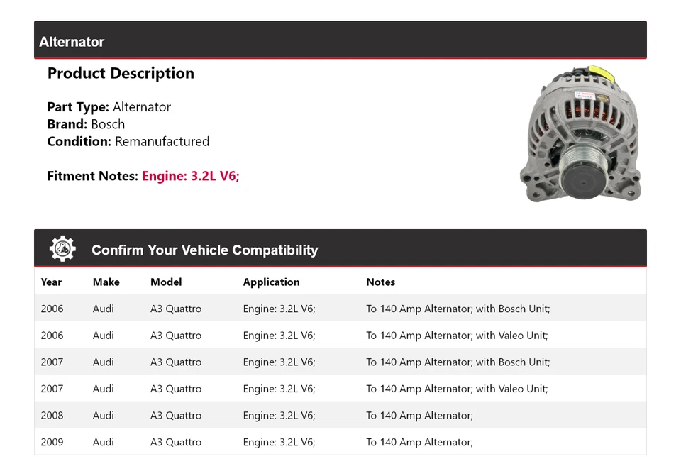 For 2006-2009 Audi A3 Quattro 3.2L V6 Bosch Alternator (Remanufactured) 2007 - Изображение 2 из 4