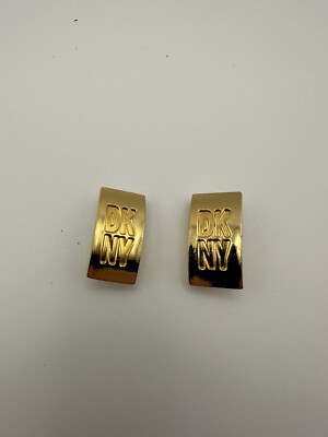 Vintage Donna Karen DKNY Logo Gold Tone Rectangle  Clip  On Earrings