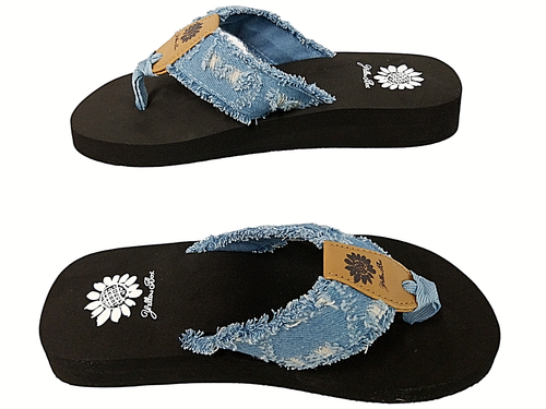 yellow box frayed flip flops