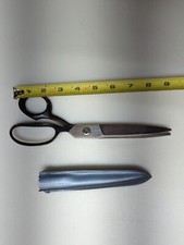 Vintage USED Chrome Large Pinking Fabric Shears Scissors JOY USA 9" Blue Sheath