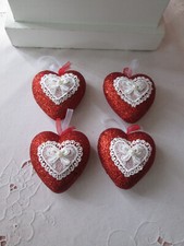 Lot of 4 Red Glitter  Lace Heart Valentines Day Ornaments, appx. 3.25" NEW