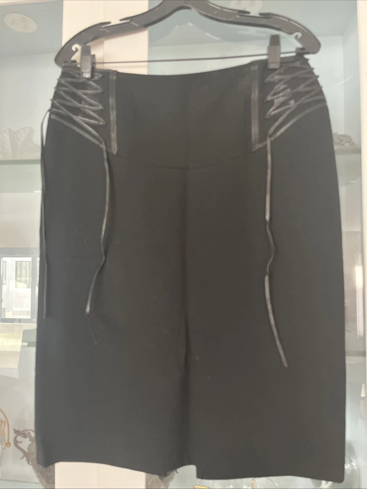 LA PERLA Falda Negra Lápiz Recto Liso con Cuero Talla M/L Italia