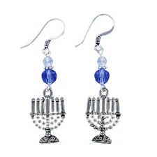MENORAH EARRINGS-Blue Crystal Beads Wires Drop Dangles Jewish Hanukkah Chanukah