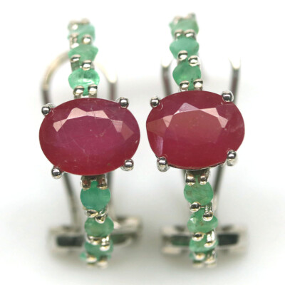 Heated x Red Ruby Green Emerald Earrings 925 Sterling